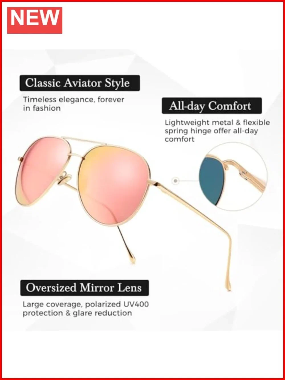 Lightweight Oversized Aviator Sunglasses - Mirrored Polarized Lens Classic Style